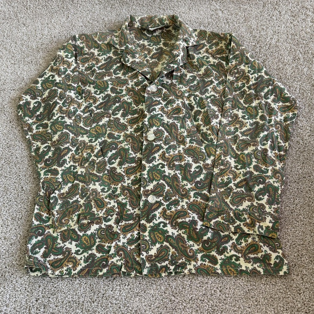 Vintage Van Heusen Shirt Mens Large Green Paisley Short Sleeve Button Up Pocket
